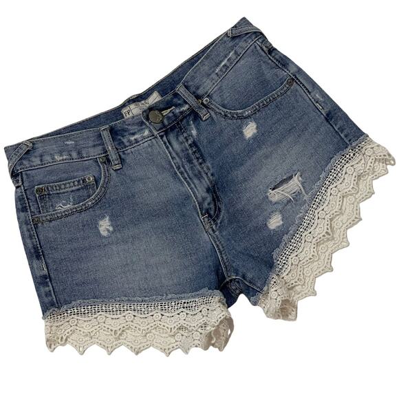 Free People Lace Trim Distressed Denim Shorts - Blue - 25 - Picture 1 of 10